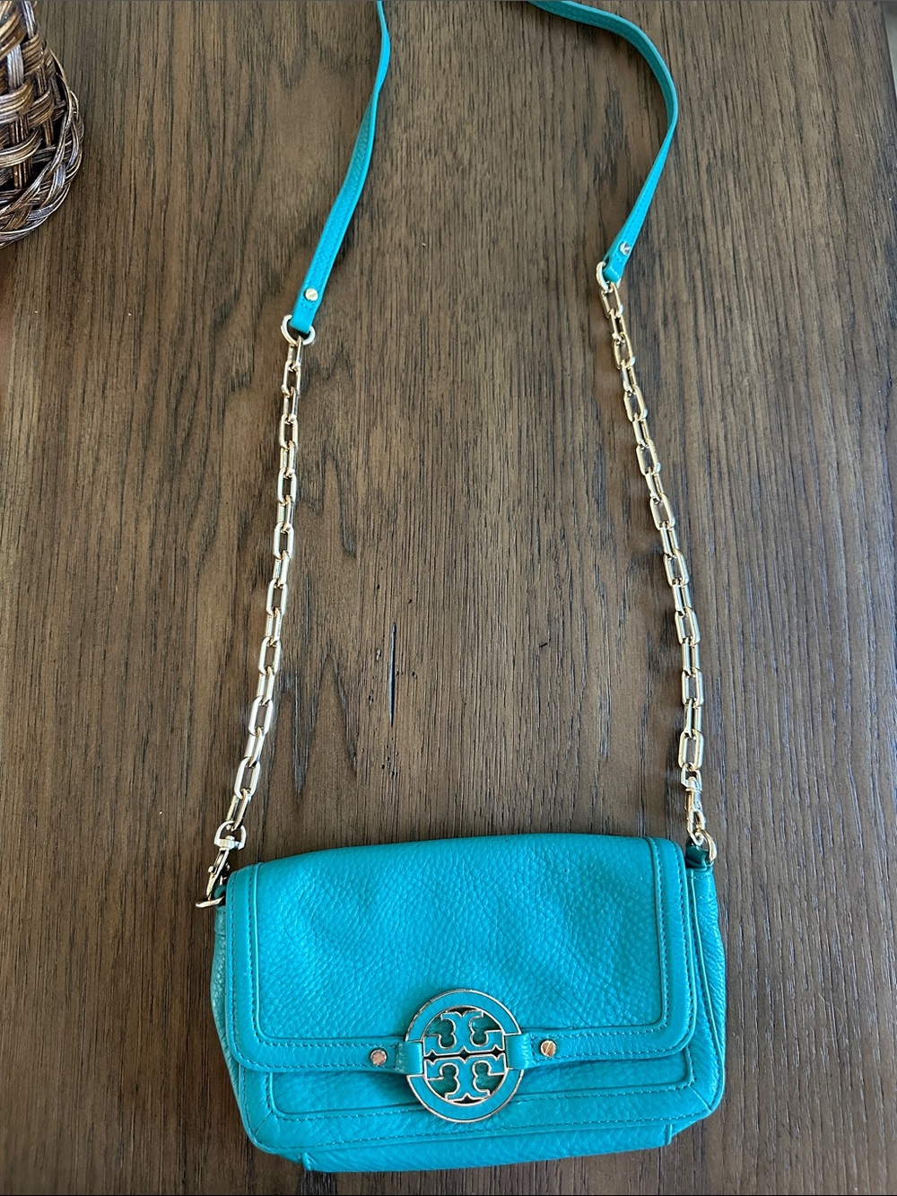 Tory Burch Turquoise Leather Crossbody with Gold Chain
